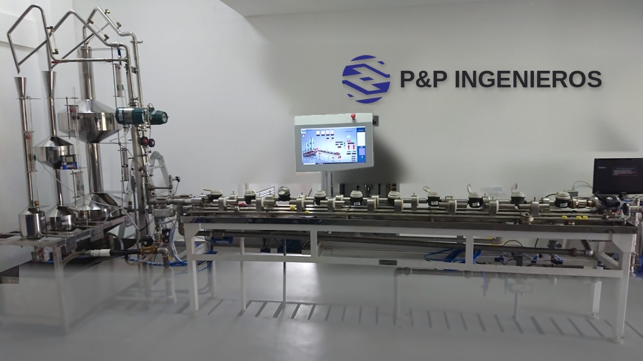 Banco de calibración P&P en operación en laboratorio, con pantalla SCADA SOFTMED, medidores en línea e instrumentación Siemens