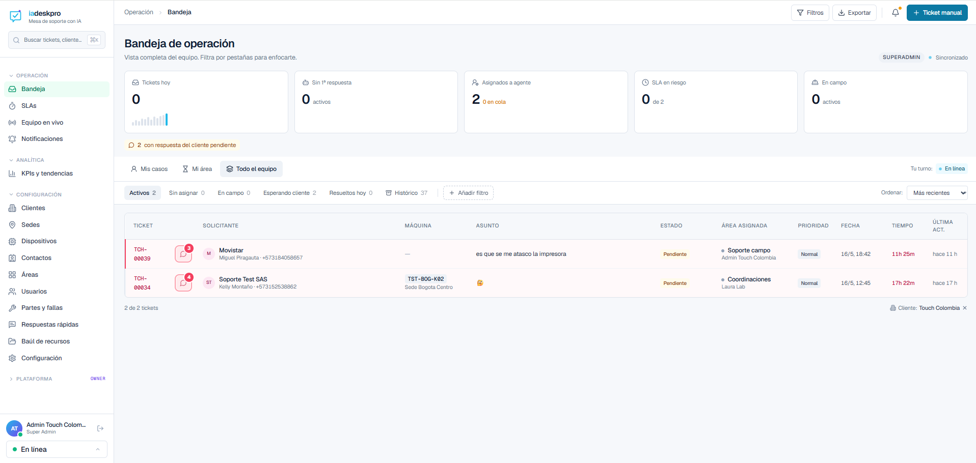 Bandeja de tickets iadeskpro con triage IA