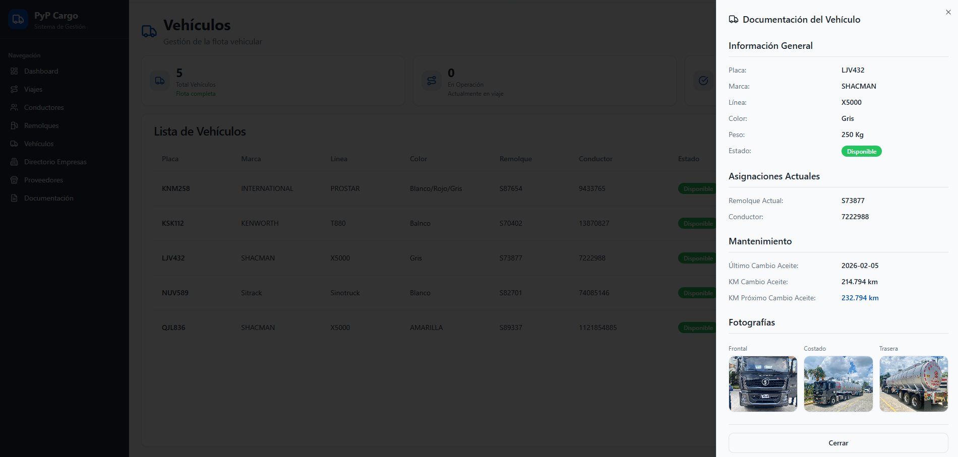 Ficha de detalle de vehículo en PyP Cargo: información general, asignaciones, mantenimiento por kilometraje y fotografías frontal, costado y trasera