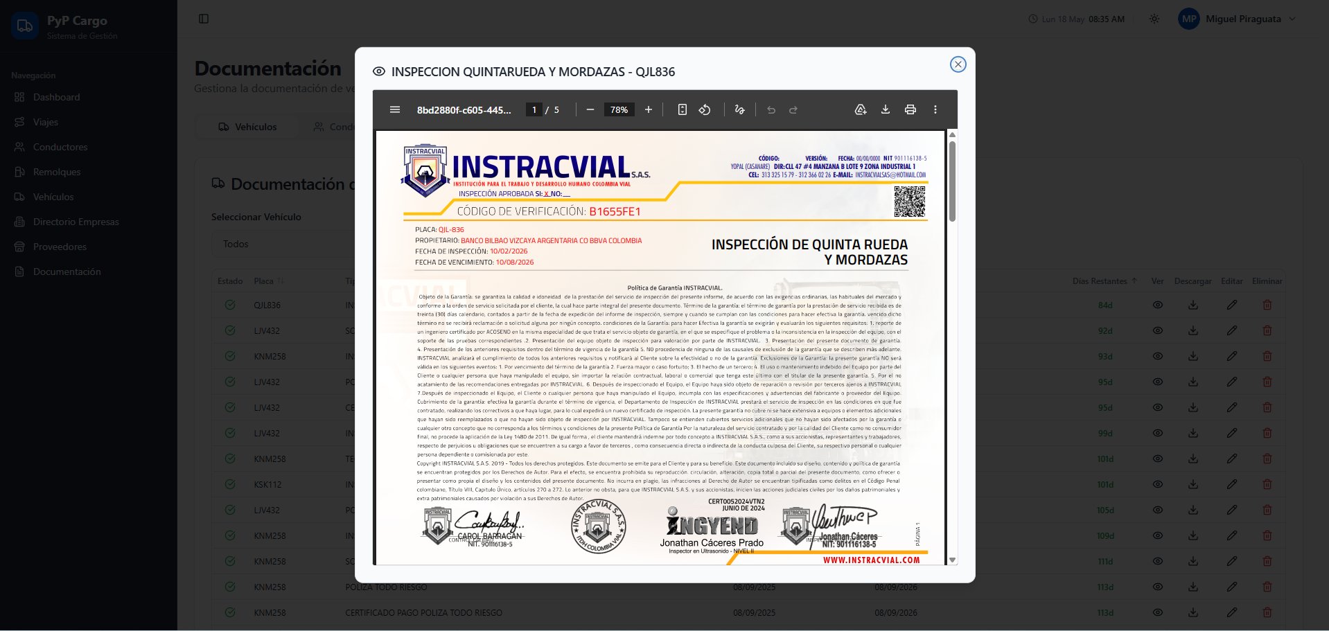 Visor de PDF integrado en PyP Cargo mostrando un certificado de inspección de quinta rueda y mordazas emitido por Instracvial S.A.S.