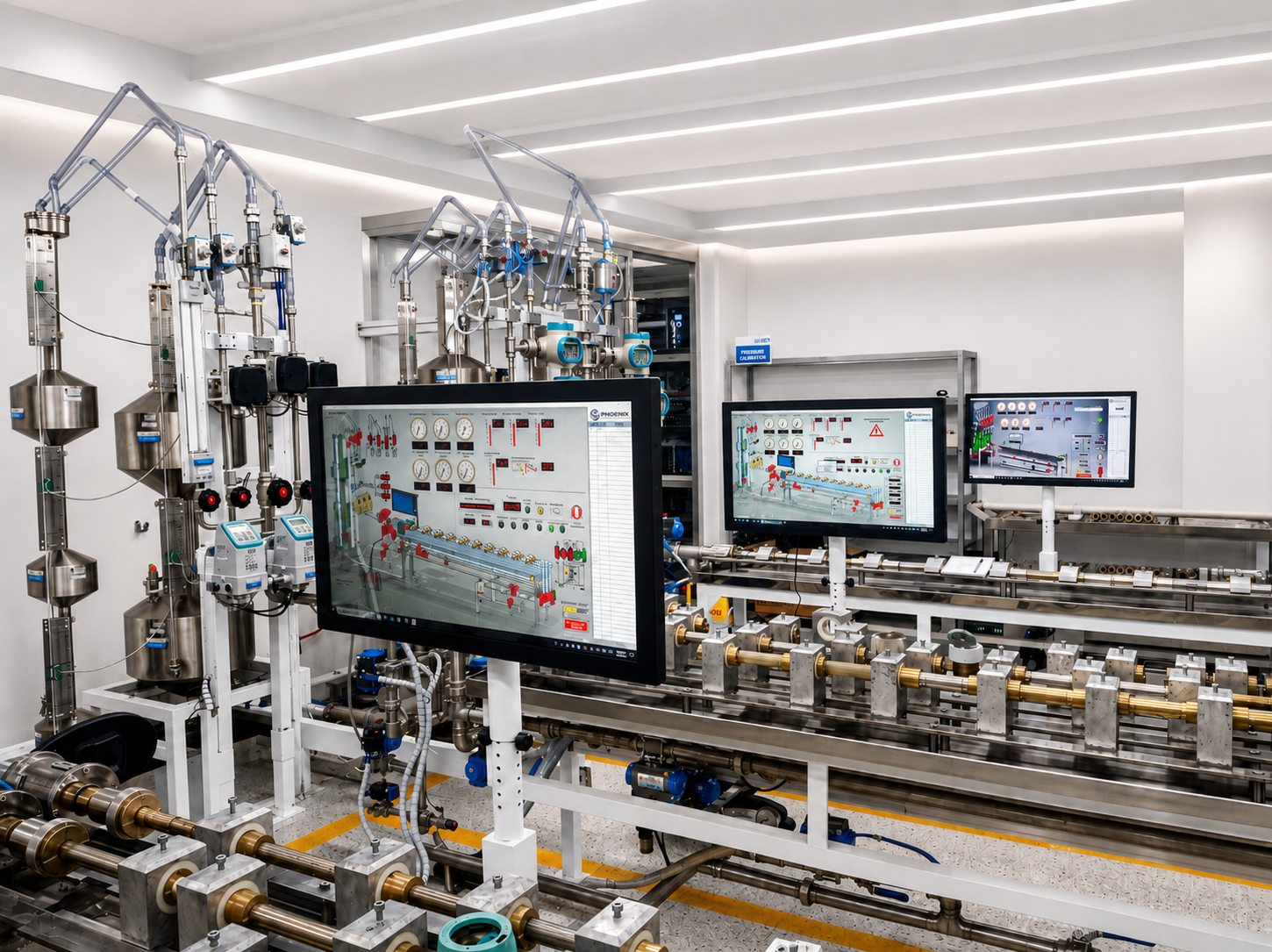 Laboratorio de calibración de medidores con tres monitores SCADA SOFTMED V3.0 operando un banco Phoenix con instrumentación profesional, ambiente limpio y bien iluminado