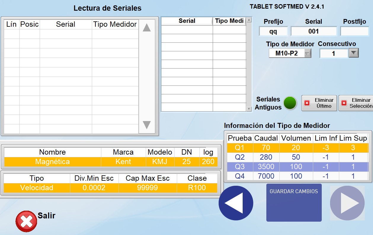 Pantalla tablet SOFTMED para lectura de seriales con información del medidor: marca Kent, modelo KMJ, DN25, clase R100 y rutina de prueba Q1 a Q4